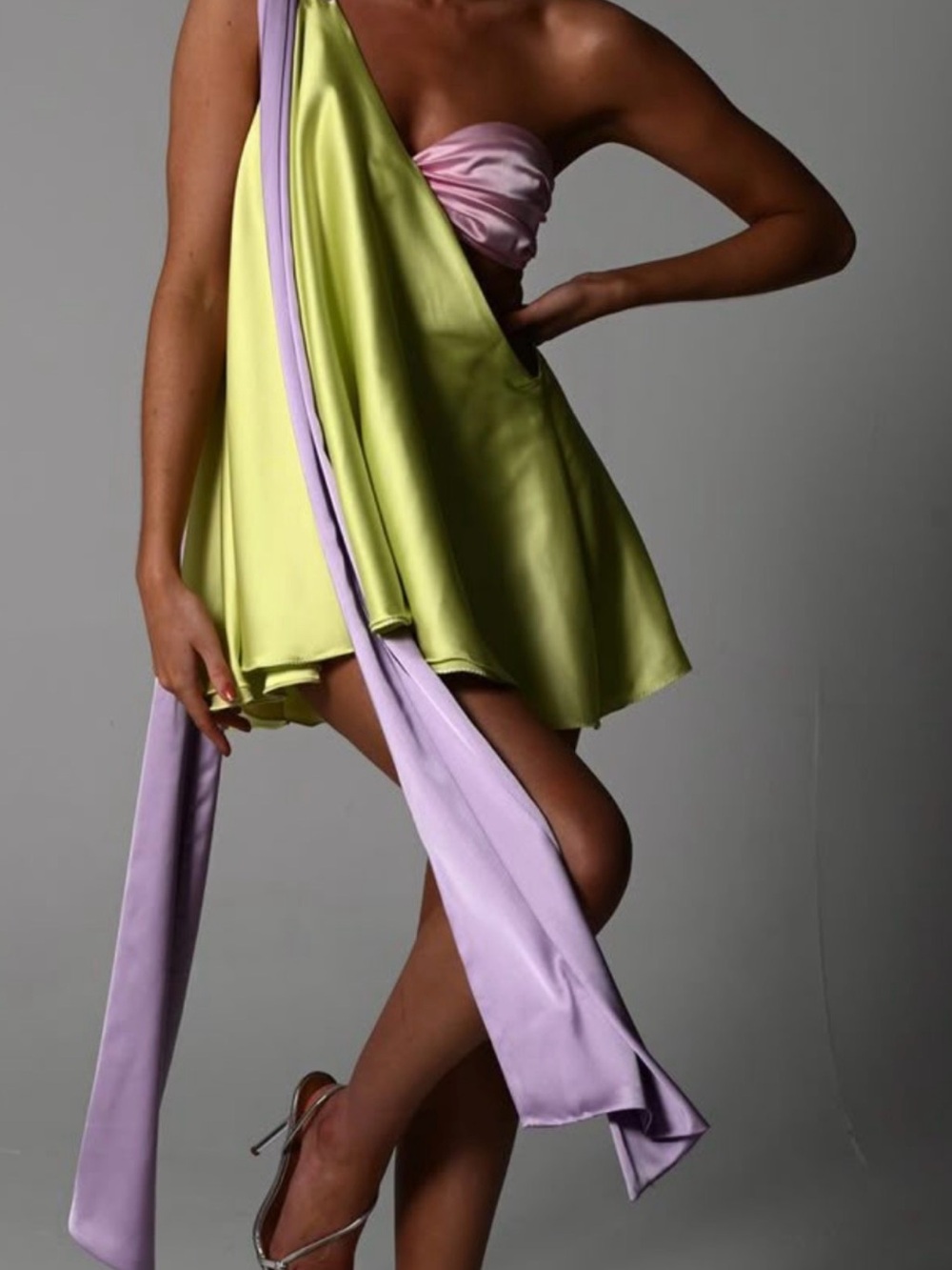 Dollhouse Lime Green Satin Mini Dress with Lavender Sash